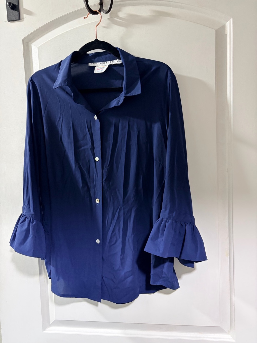 Gretchen Scott Designs Navy Ruffle-3/4 Bell Sleeve Button-Front Blouse. Size XL